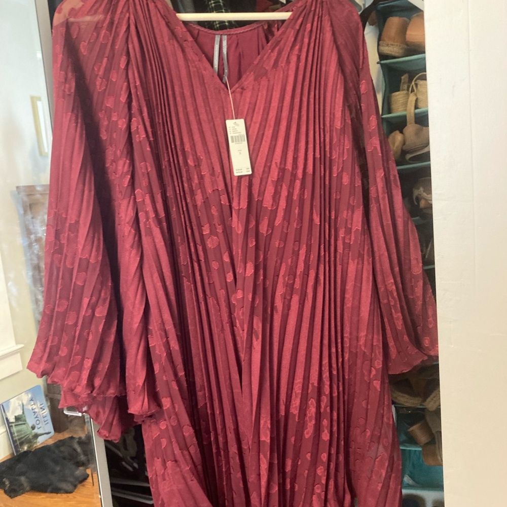 Maroon Bell Sleeve Pleated Anthropologie Toulon Mini Dress